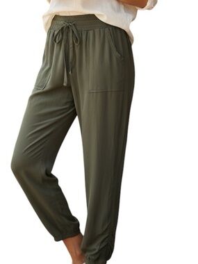 Ci Sono Cinched Ankle Smocked Tie High Waist Pants Olive Green Size XL